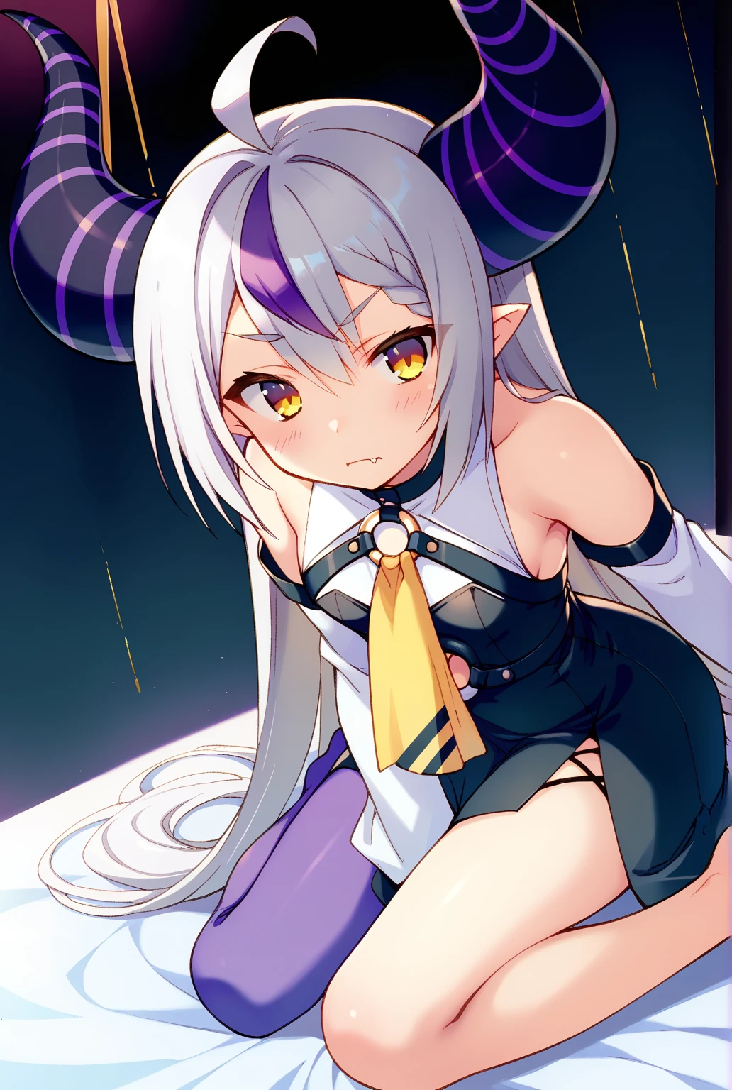 score_9, score_8_up, score_7_up, source_anime, masterpiece, 1girl, ct_l4plus , Big horn, huge horns, black and purple striped horns、flat chest, skin fang, blush, 

sleeveless dress, black dress, o-ring, yellow ascot, white detached sleeves, single thighhigh, purple thighhigh,, Dutch angle,looking at viewer,

Amaduyu Tatsuki style