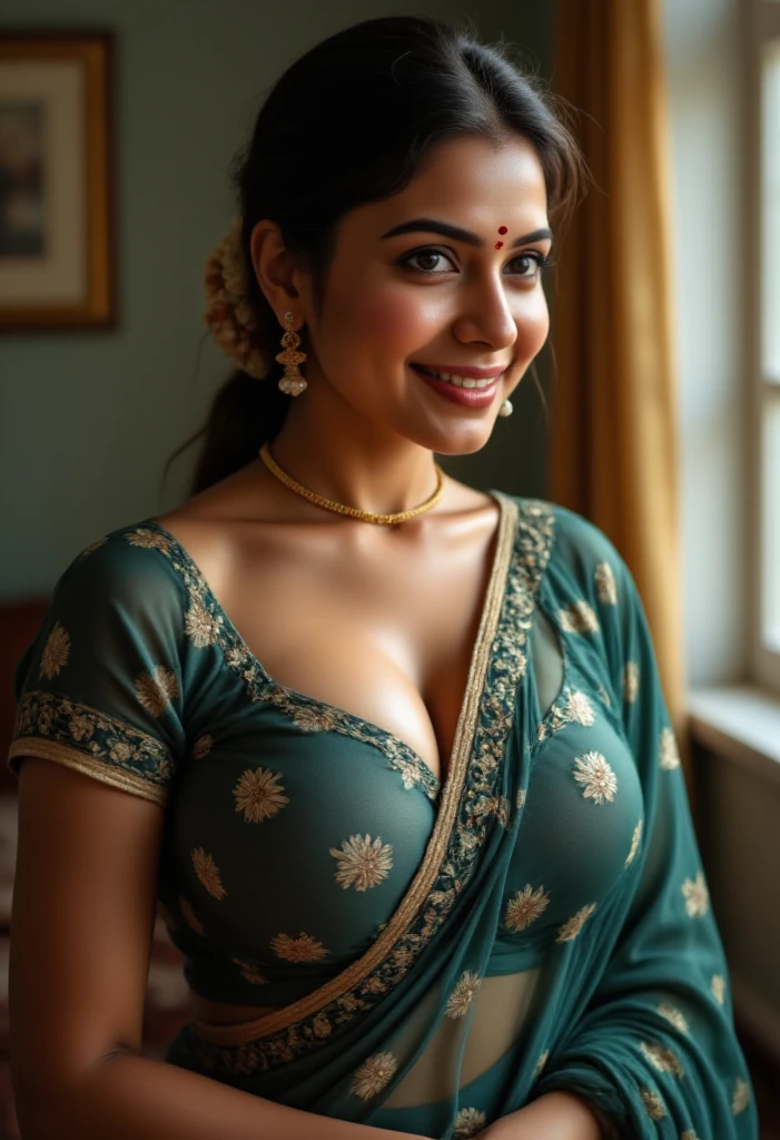 Photorealistic portrait of a sexy Indian milf with warm brown eyes and a erotic smile, wearing a deep teal transparent saree with intricate gold zari embroidery depicting paisley patterns along the border and pallu, emphasize her (huge breasts:1.5) underneath a tight blouse, traditional gold jhumkas with pearl drops, a small red bindi on her forehead, soft, diffused lighting from a nearby window, shallow depth of field focusing on her face and the delicate embroidery on her shoulder, detailed skin texture and subtle makeup, an erotic and inviting expression.