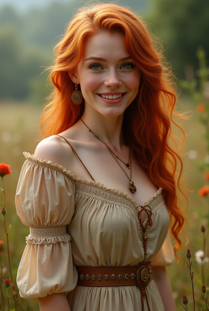 realistic extremely pretty, smiling, high cheekbones, full lips, blue eyes 18 year old, full figured, curvy redheaded woman wearing a peasant dress in a full body picture