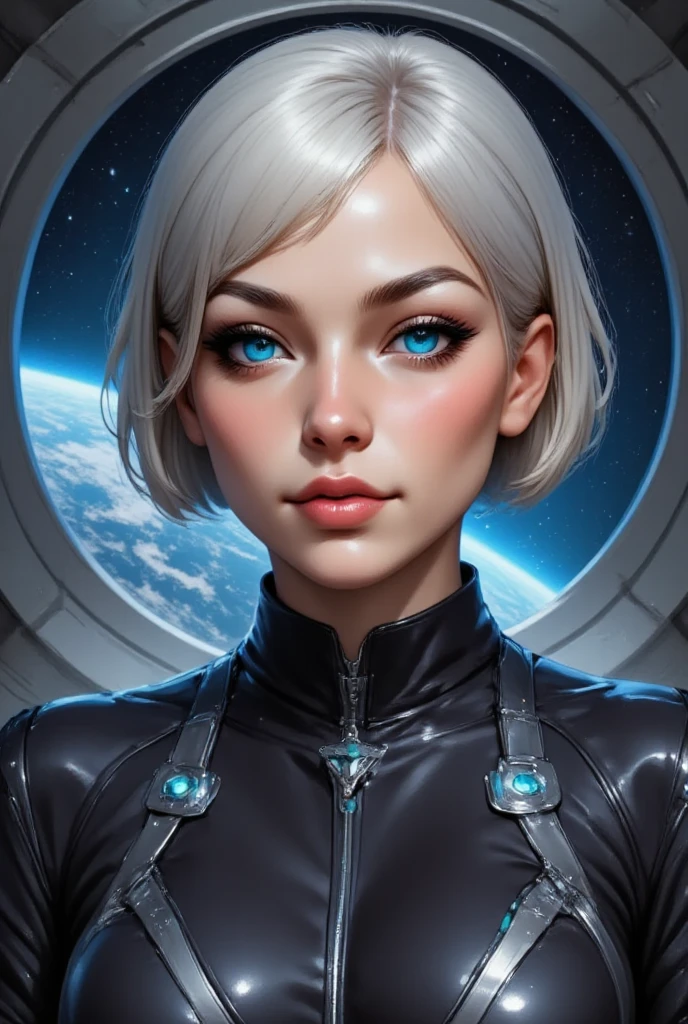 A regal portrait of a starship captain from a distant galaxy. Her striking features are framed by a sleek, metallic silver bob haircut that reflects the ambient light. Her eyes are a vivid, glowing blue, enhanced with subtle holographic data displays that shift and flicker. She wears a high-tech uniform with sharp, angular designs, blending matte black and iridescent silver, adorned with insignias that denote her high rank. A single, elegant ear cuff with embedded lights serves as a communicator. The background shows the vastness of space through a starship's viewport, with swirling nebulae and distant stars casting a cosmic glow across her poised and commanding visage.