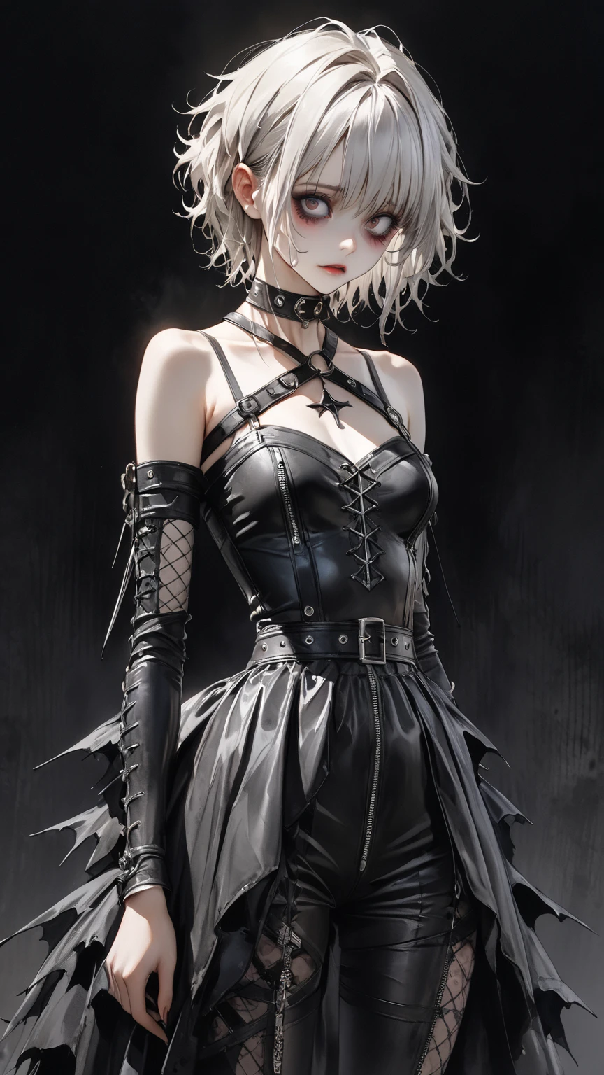 high res , masterpiece, Accurate,  top quality,  high res model,  high detail, Anatomically Accurate, Norman Rockwell & Tim Burton styl、Watercolor touch、 Edward Scissorhands、black leather costume、Skinny, fair-skinned man、alone,  dark background 、 fantasy、 Horror、 darkness、Gothic、 1 girl, Bare shoulders、clavicle、