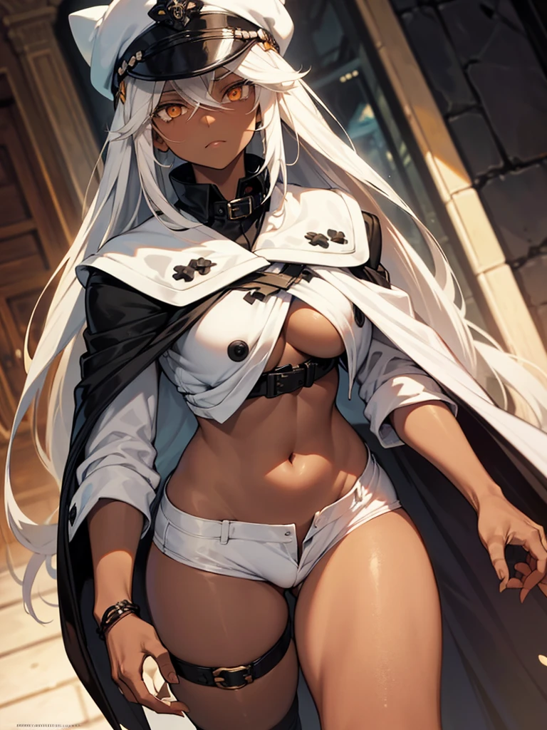 ramlethal valentine, white hair, dark-skinned female, underboob, hat, orange eyes, short shorts, colored eyelashes, 1girl, "A stunningly beautiful married woman stands motionless, her expression calm yet filled with quiet resignation. Her gaze softly meets the younger man’s, as if offering an unspoken understanding. In a secluded, dimly lit room, the atmosphere is heavy with tension and forbidden emotion. She softly whispers, 'I won’t resist, but I won’t respond either. If you’re content with embracing a doll, then pour your feelings into it. I will feel nothing...you embraced a lifeless doll...and this will be the end.' Her elegant attire and delicate features contrast with the emotional weight of her words. The background reflects the solemnity of the moment, casting subtle shadows around them, symbolizing the moral complexity of the situation. The younger man is left torn between his desire and the profound sorrow of her detached surrender."