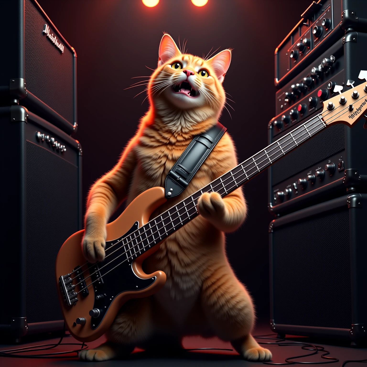  cat playing bass with a strap、ストラップをしている、 with straps in the background is a cat playing bass with lots of amplifiers 