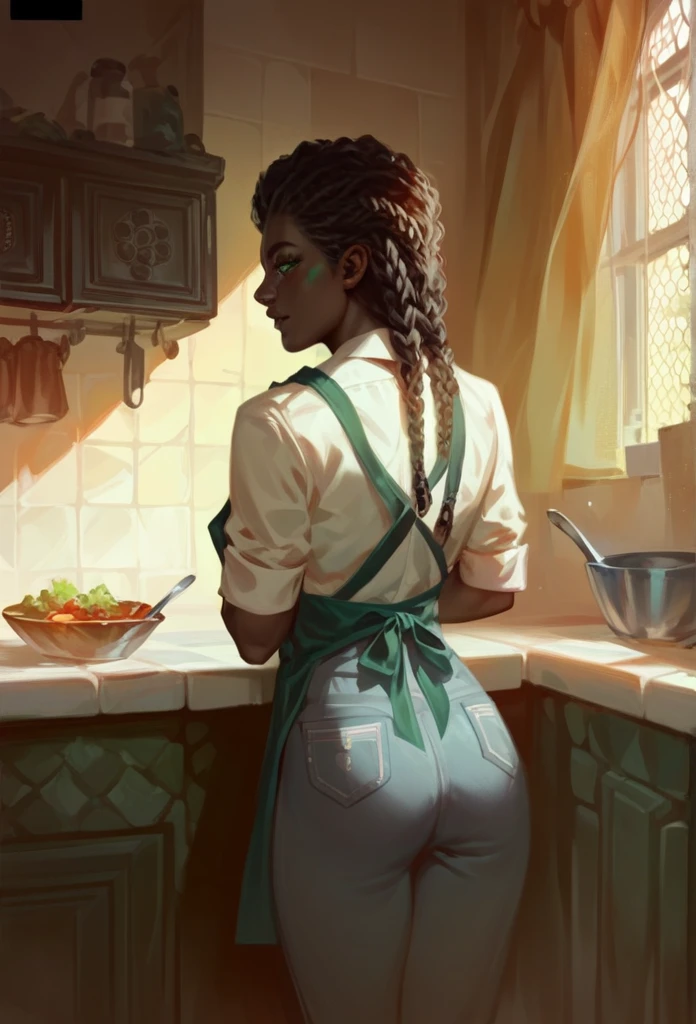  Naomi, Young . AFRICANA.  dark-skinned woman ,  green eyes. Tune.   long hair pants, brown,  braided African .  WEARING APRON.  without clothes.  defined abdomen.  defined body. from the back.  looking back. in the kitchen. seductive look. 