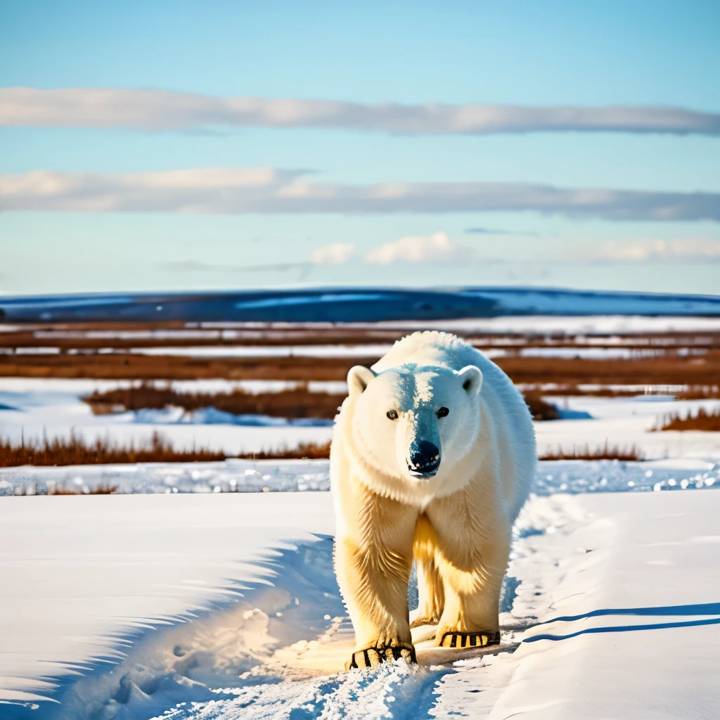 Polar Bear walking through the Tundra in the afternoon sun.