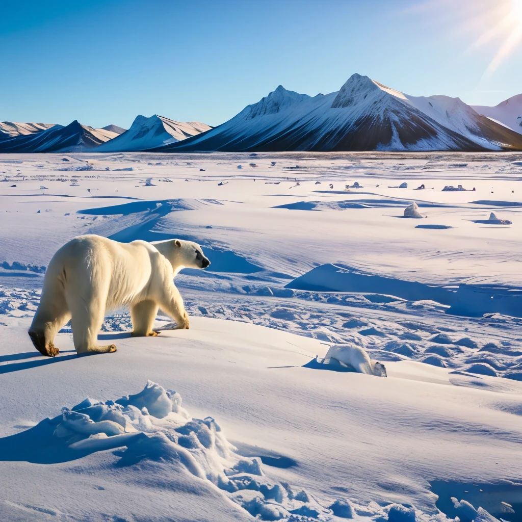 Polar Bear walking through the Tundra in the afternoon sun.