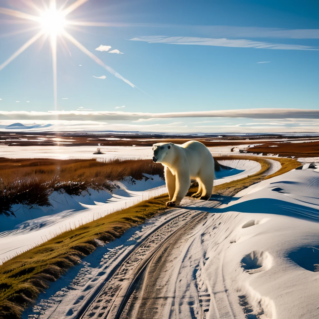 Polar Bear walking through the Tundra in the afternoon sun.