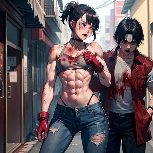 A young, cute, bloody, bruised, sweaty Japanese female street fighter and a male fighter in a back alley fighting each other. She is cornered against the wall. Her breasts are being punched by him. She has short-cut black hair. She is crying. Both eyes closed. Short of breath. Drooling from the mouth. Naked. Denim shorts. Open finger gloves. Erect nipples.