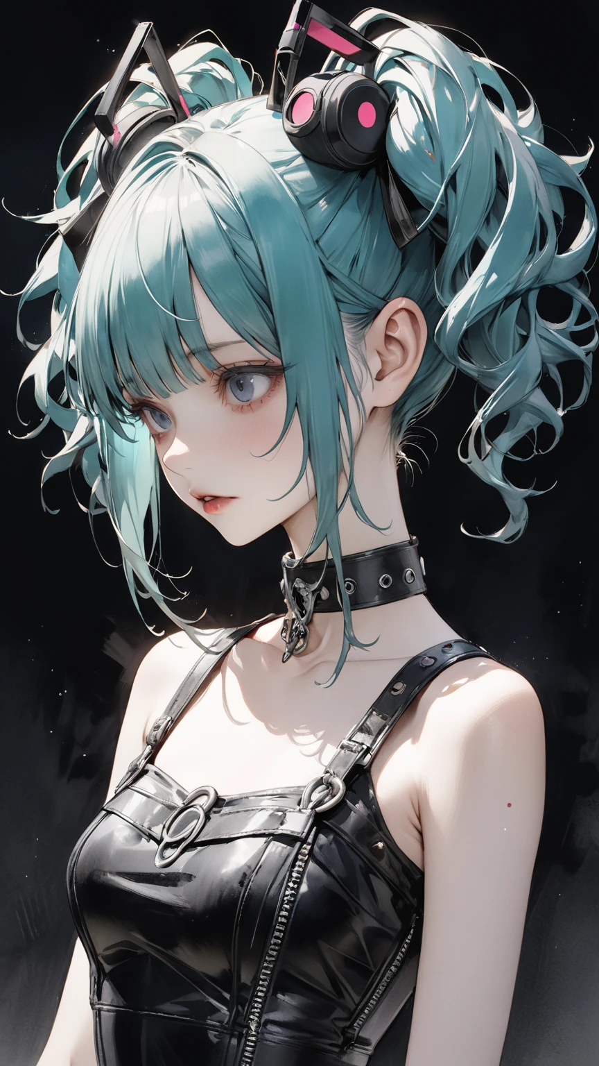 high res , masterpiece, Accurate,  top quality,  high res model,  high detail, Anatomically Accurate, Norman Rockwell & Tim Burton styl、Watercolor touch、 Edward Scissorhands、black leather costume、Skinny, fair-skinned man、alone,  dark background 、 fantasy、 Horror、 darkness、Gothic、 1 girl, Bare shoulders、 clavicle 、 Hatsune Miku 、