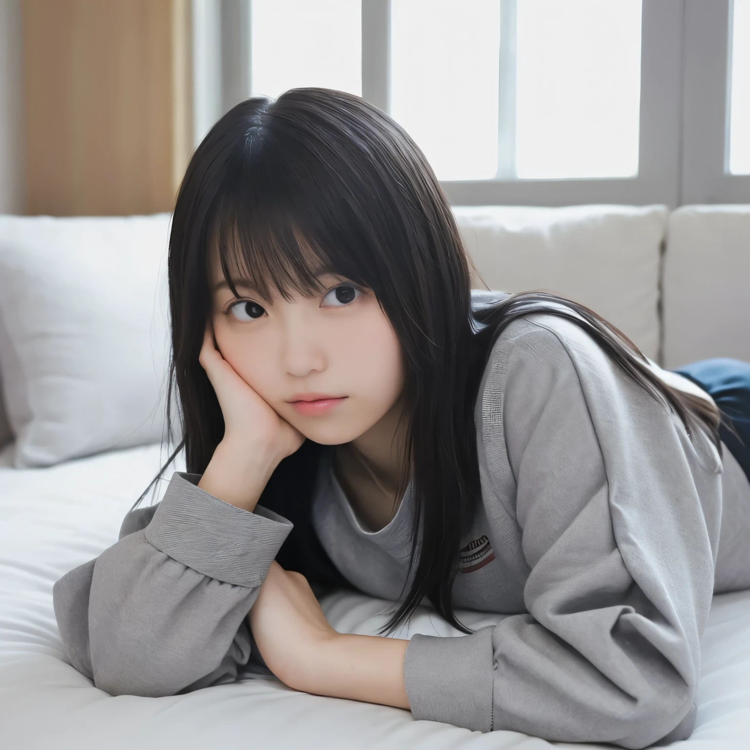 light grey trainers, Moe sleeves, Bedroom with natural light,  Simple and calm atmosphere , Soft futons and cushions ,  Lying on the bed and turning your face to the side ,  Gesture of staring at the camera using your arms as a pillow ,  A gentle, warm, and relaxed feeling of everyday life,  girl, busty,  black hair,  straight hair,  with bangs, 's greatest masterpiece, 