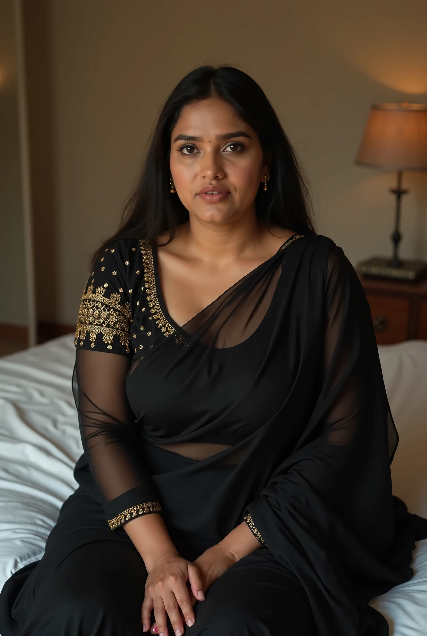 (RAW) Indian woman wearing black negligee (nightgown), (young woman), 20 years old, (chubby cheeks:1.3), (curvy body:1.2), (eyeglasses), (bindi), An Indian beauty, charismatic, light Indian- skin, view the viewer, in luxurious bedroom, (detailed facial features), full-body shot, hd, 2k, 4k , 8k, 16k