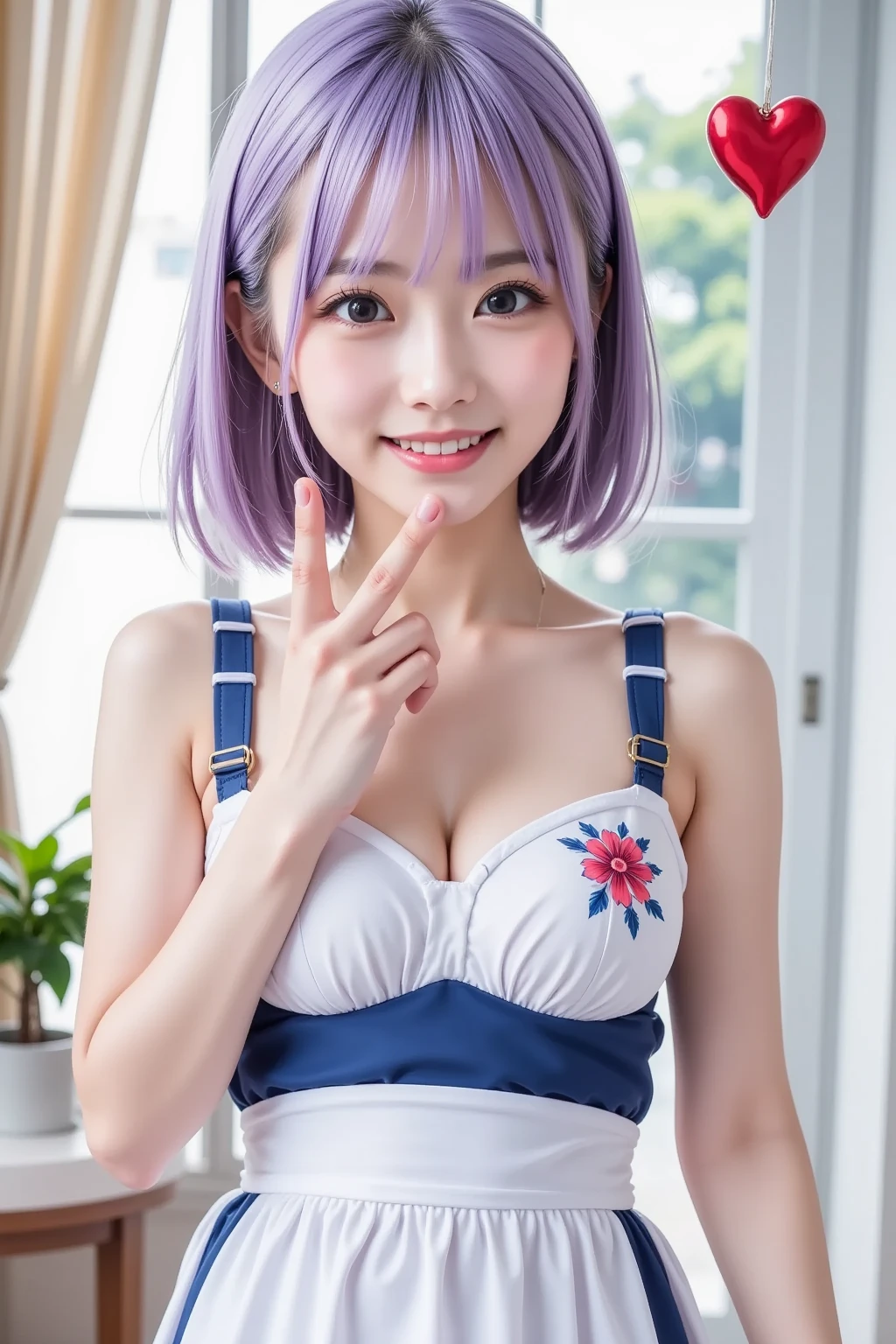 (masterpiece, best quality, high resolution, 8k, detailed),(masterpiece, best quality, high resolution, 8k, detailed), A cheerful young girl with light lavender hair styled in straight bangs, wearing a blue and white maid outfit. She has a soft smile and is making a peace sign with her fingers close to her face, exuding a playful and endearing energy. Her large, gentle eyes have a hint of sparkle, with a light blush on her cheeks. A heart-shaped decoration floats beside her, adding to the lighthearted, warm atmosphere. The colors are soft and muted, with a painterly style that brings out a sense of nostalgia and charm