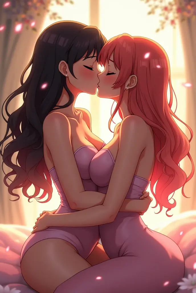 make two anime women kissing with big breasts