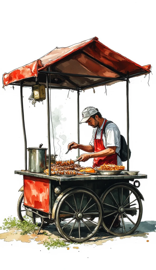 a photograph of a man in red apron and a white cap making satay in his food stall, roofed food stall, white background