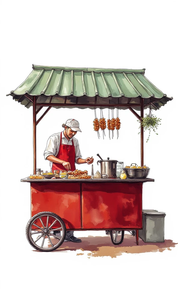 a photograph of a man in red apron and a white cap making satay in his food stall, roofed food stall, white background