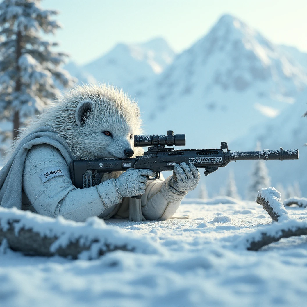 A large, muscular snow white hedgehog sniper donned in modern snow camo armor with a white cloak. Laying on his belly in a prone position, looking through the scope of his long sniper rifle. Resting his rifle on fallen, snow covered trees, providing cover. Camouflages in snow. Dynamic pose. Scanning a snowy landscape for enemies. Mountain range in the distant background. The name "CLT Hedgehog" etched boldly on his armor. High Resolution, Masterpiece, UHD, Character Design, Conceptual Art, Digital Art, Hyperdetailed, Hyperrealism, Depth Of Field, Image Fill, Cinematic Lighting.