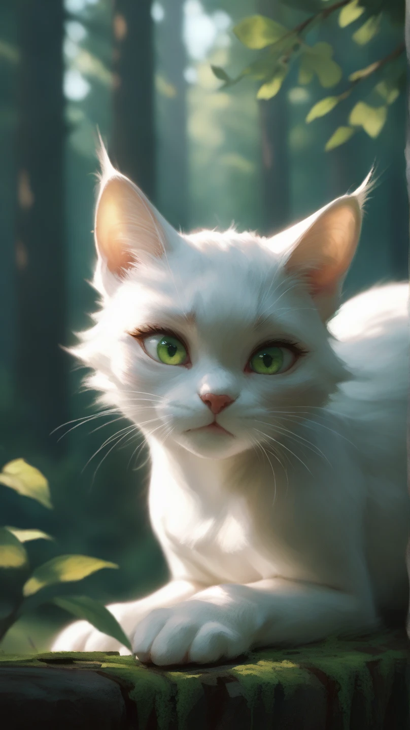 "A white cat cautiously peeking through dense bushes in a quiet forest, her sharp green eyes fixed on a faint rustling sound nearby. Sunlight filters softly through the trees."