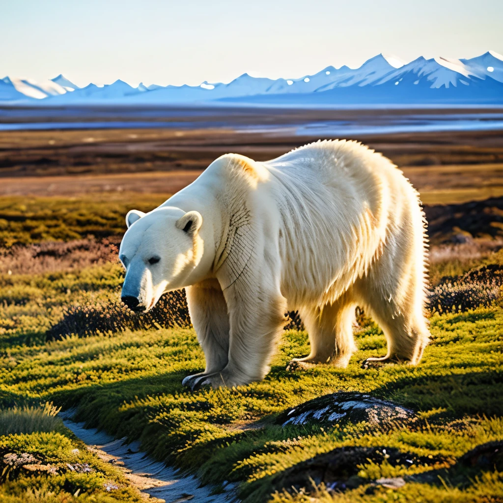 Polar Bear walking through the Tundra in the afternoon sun.