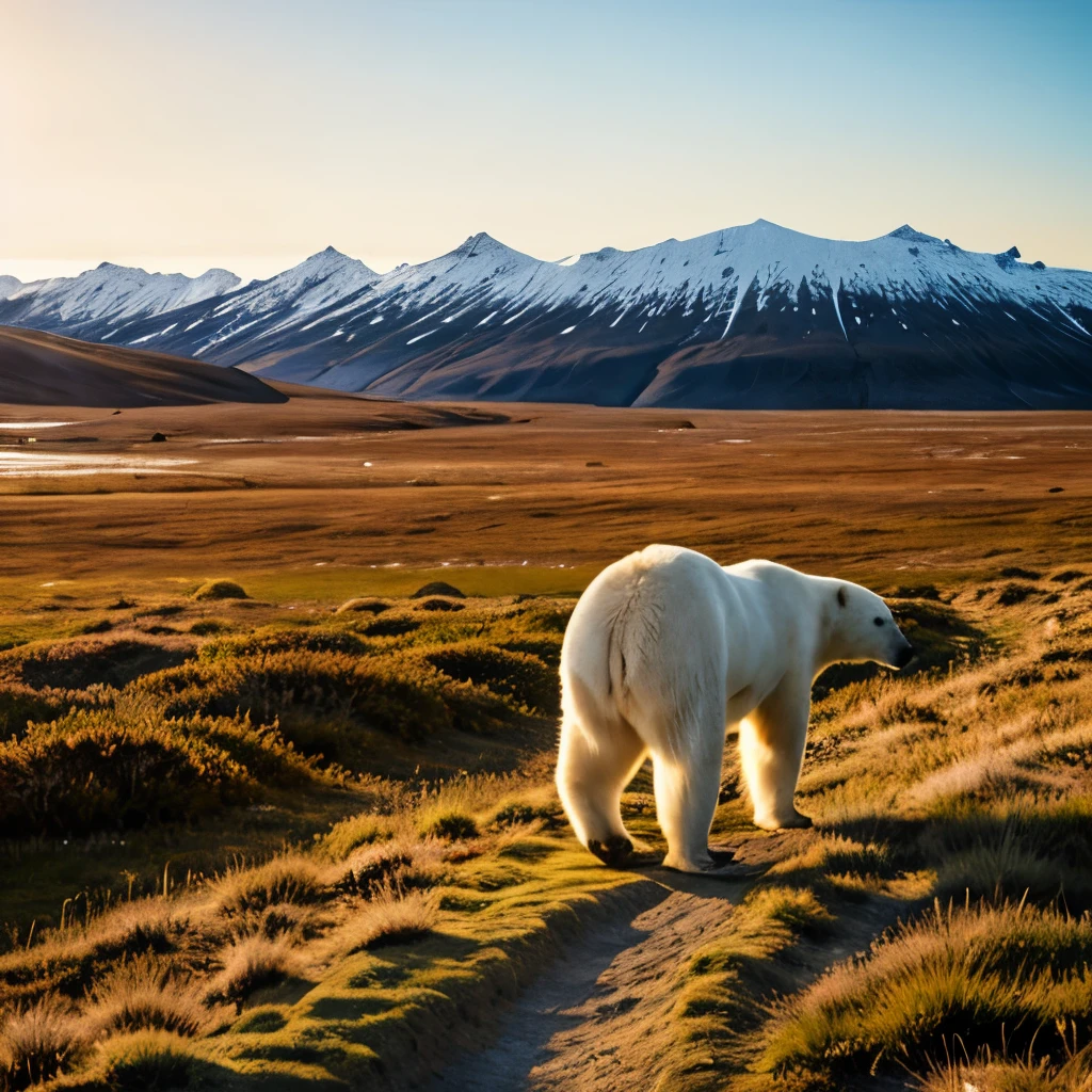 Polar Bear walking through the Tundra in the afternoon sun.