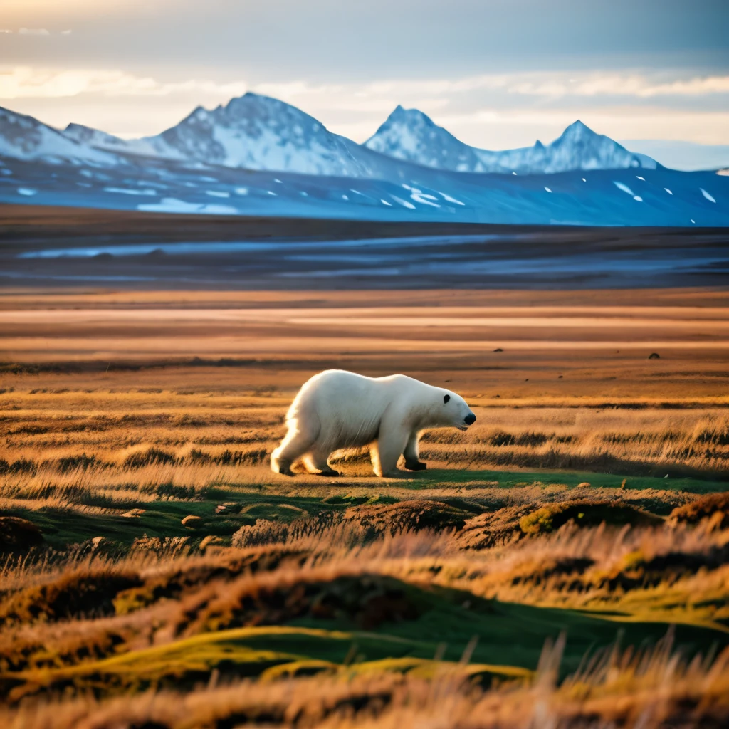 Polar Bear walking through the Tundra in the afternoon sun.