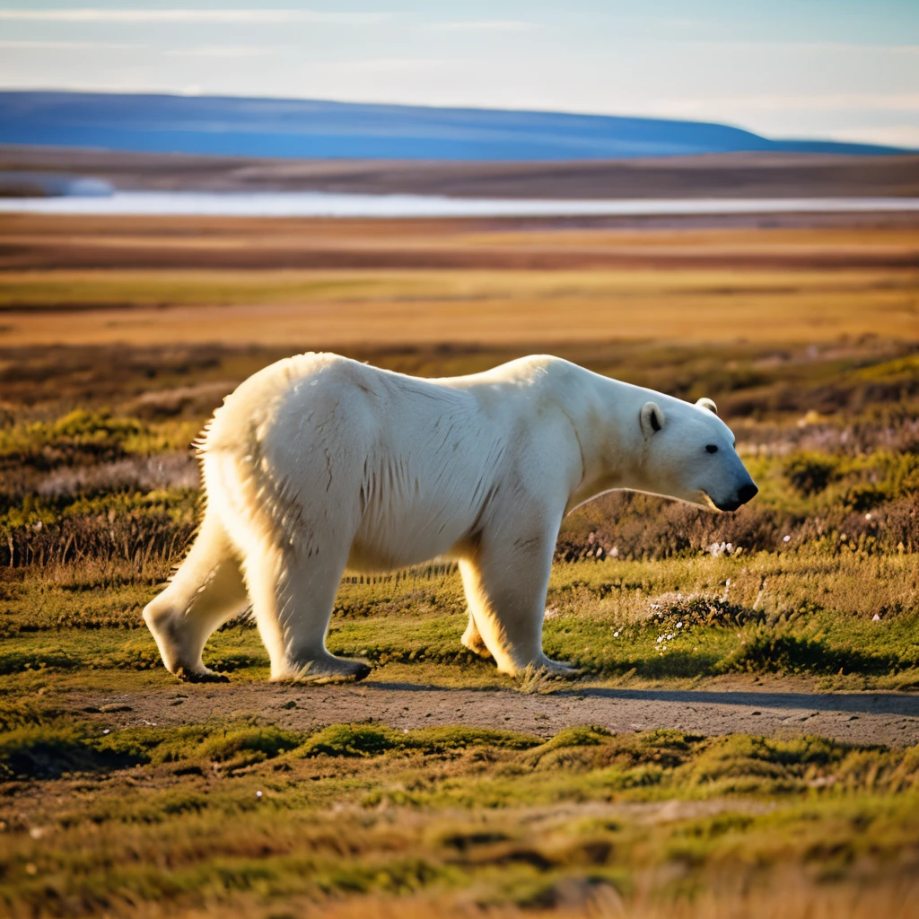 Polar Bear walking through the Tundra in the afternoon sun.