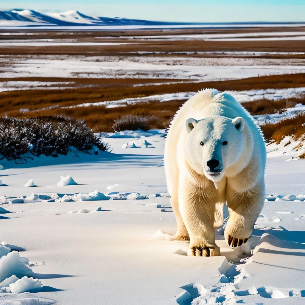 Polar Bear walking through the Tundra in the afternoon sun.