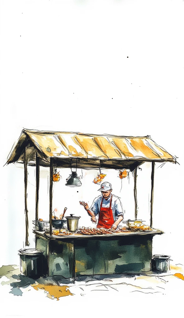 a photograph of a man in red apron and a white cap making satay in his food stall, roofed food stall, white background