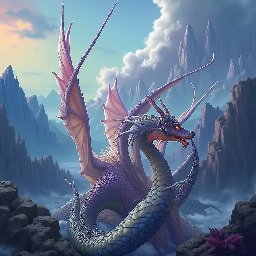 ((Highest quality)),(Ultra-high resolution),(Ultra-detailed new),(Detailed Description),((The best CG)),(masterpiece),Highly detailed art,A wonderful new art form,(Art with precise details:1.5), cloud, dragon:1.9