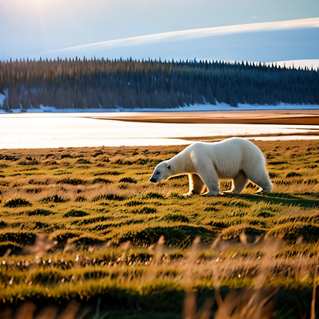 Polar Bear walking through the Tundra in the afternoon sun.