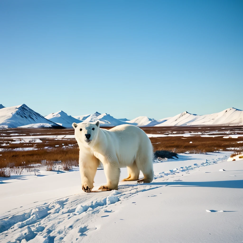 Polar Bear walking through the Tundra in the afternoon sun.