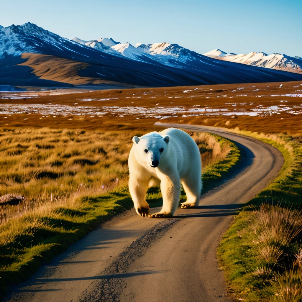 Polar Bear walking through the Tundra in the afternoon sun.