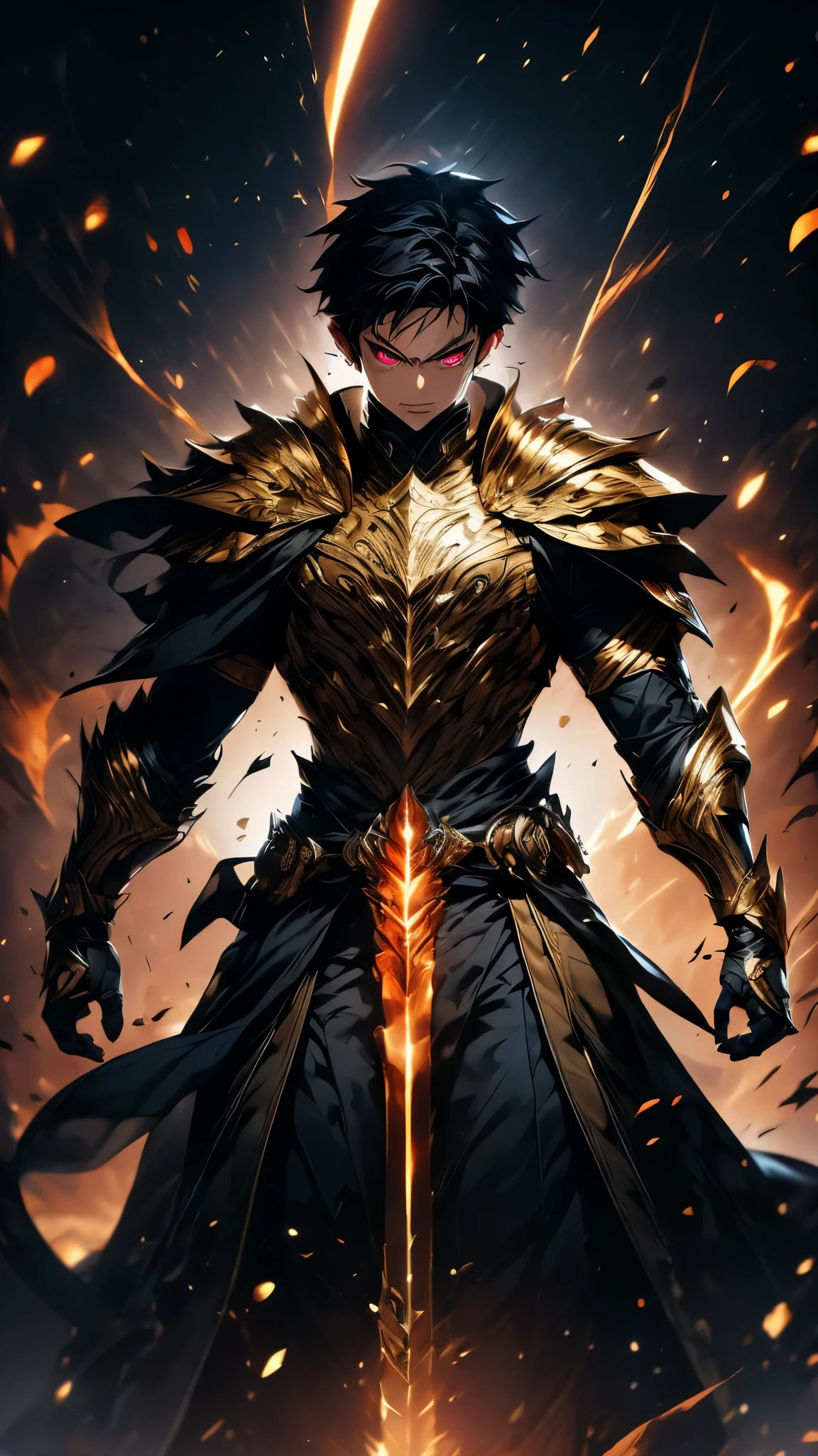 Masterpiece, 最 High Quality , high definition in Buruma , very detailed, {{One boy ( emits a red aura from a float {x} ), rupee shrouded in inflammation , black hair ( Bringing shine to your hair), red eyes ( Eyeliner ), Cold look ( Cold look ), young and handsome face , , , , in the background achieves k resolution , young and handsome face , High Quality , wears black clothes and black pants . characters in dynamic poses , Cold look, Emotionless, dark background , black and red armor , armor 6 pack , is wrapped in inflammation , detailed eyes , detailed face ,、inflammationinflammationノ消防隊、inflammation、inflammationに包まれている、背景にinflammation、male、Senro、 black cloaks、 voluminous cloak with a three-pronged spear、Martial Artist、 battle pose、Slightly tilted