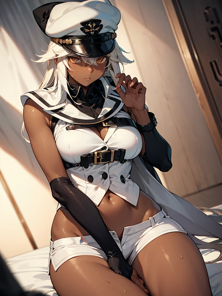 ramlethal valentine, white hair, dark-skinned female, underboob, hat, orange eyes, short shorts, colored eyelashes, 1girl, "A married woman, her face flushed and glistening with a light sheen of sweat, adjusts her disheveled clothing in a dimly lit room. Her hair is slightly messy, and her breathing is faintly uneven, but her expression is composed, almost emotionless. As she fastens the last button of her blouse, she looks at the younger man with a calm yet firm gaze. In a quiet voice, she speaks, '...Is it over? Once you've calmed down, leave. And let’s return to how things always were. Nothing happened here...nothing at all...understand?' Her voice is steady, carrying a mix of finality and a desperate plea for normalcy. The room is subdued, with soft lighting accentuating the aftermath of the intimate yet emotionally distant moment. The young man, sitting in silence, is overwhelmed by the weight of her words as she calmly turns away, signaling the end of their encounter."