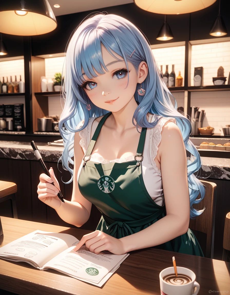 Solo, Anime style, extremely detailed, Young pale white small Girl with gradient blue hair, flirting, at night, barista, cafeteria, cleaning up a table, tiny thin clothes, lively eyes, detailed face, short, small frame, elegant, delicate, cute, curvy, giant boobs, huge boobs, round boobs, perfect well defined muscular thin body, detailed, hd, 4k, perfect face, detailed anatomy, detailed sex, perfect body, full body, thigh gap