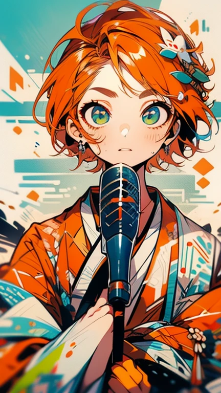 The shape of the eyebrows is a round eyebrow，The boy from Marobi ， singing enthusiastically with a microphone， wearing kimono  costume ， wears a  costume from the Heian period based on orange and green，Strong Boy ，Boy with white arms ， cheeky expression ， cute，Fair skin， rosy cheeks ，Soft Cheeks， glossy lips ，Orange hair color， short hair ， green eyes， big eyes，Slanted Eyes， singing enthusiastically with a microphone， moving，Shiny Hair， Smooth skin ， High Quality ， One Boy ， short