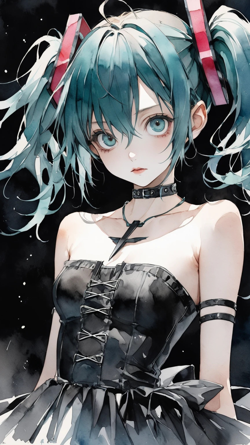 bce, 1girl, green hair, black eyes, asymmetrical hair, bedroom, goth, goth makeup, smoky eyes, eyeshadow, eyeliner, flat bangs, upper body view, big breasts,