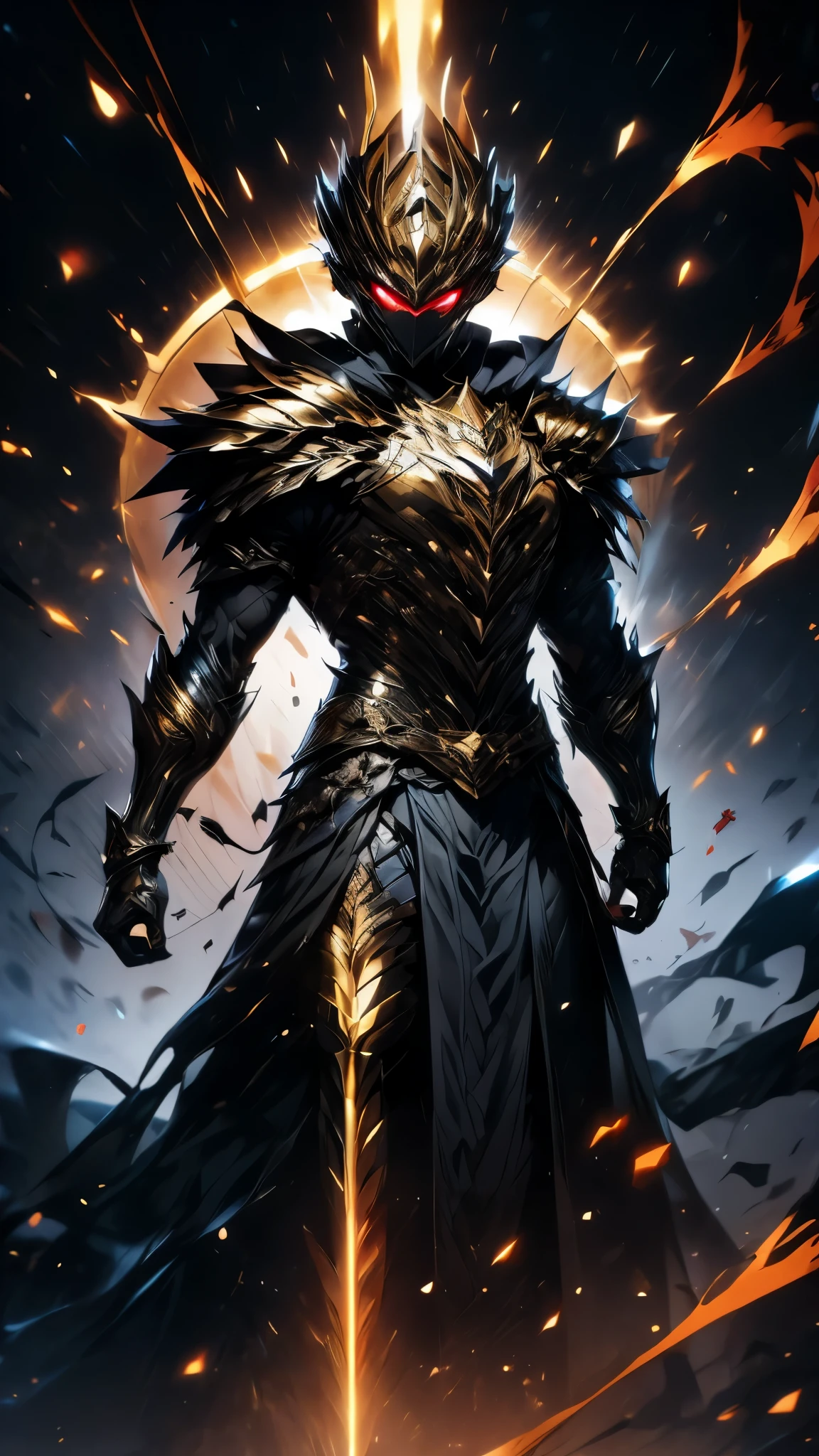 Masterpiece, 最  High Quality  ,  high definition in Buruma ,  very detailed, {{One boy (  emits a red aura from a float {x} ),  rupee shrouded in inflammation  ,  black hair ( Bringing shine to your hair),  red eyes (  Eyeliner ), Cold look ( Cold look ),  young and handsome face  , , ,   ,  in the background achieves k resolution  ,  young and handsome face  ,  High Quality  ,  wears black clothes and black pants  .  characters in dynamic poses  , Cold look, Emotionless,  dark background  ,  black and red armor  ,  armor 6 pack  ,  is wrapped in inflammation  ,  detailed eyes  ,  detailed face  ,、inflammationinflammationノ消防隊、inflammation、inflammationに包まれている、背景にinflammation、male、Senro、 black cloaks、 voluminous cloak with a three-pronged spear、Martial Artist、 battle pose、Slightly tilted