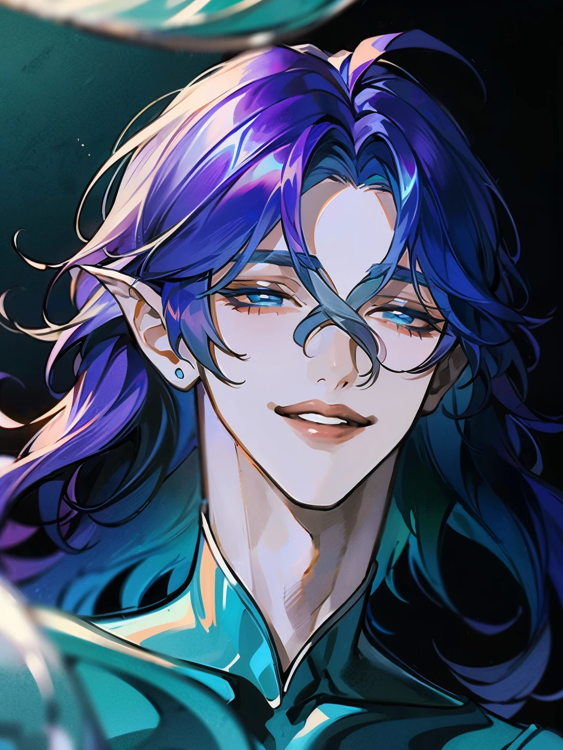 (ethereal merman with violet hair and oceanic elegance:1.4) (mermaid ears:1.3, bright, warm smile, thin lips:1.3), (portrait:1.3), Designed by NTY, (Best quality, 4K, 8K, high resolution, masterpiece:1.2), A captivating male merman radiating enigmatic allure Striking, deep blue eyes that shimmer like tranquil seas, (detailed blue eyes, ultra-quality eyes:1.3) Long flowing violet hair with a silky, lustrous texture, (purple long hair:1.4), cascading like ocean waves and evoking a sense of mystery and enchantment Anthropomorphic grace: elongated, sculpted merfolk ears with delicate fin-like edges, emphasizing his aquatic origin and otherworldly magnetism A shimmering tail with a gradient of deep violet to silver, adorned with intricate, bioluminescent patterns that glow faintly in the dark Attire: flowing, translucent seafoam-colored fabrics with pearlescent accents, inspired by oceanic flora and coral patterns Accessories: delicate silver jewelry with sapphire and aquamarine details, mirroring the colors of the sea and sky Decorative elements: aquatic motifs incorporating the serenity and depth of the ocean, enhancing his majestic, serene presence