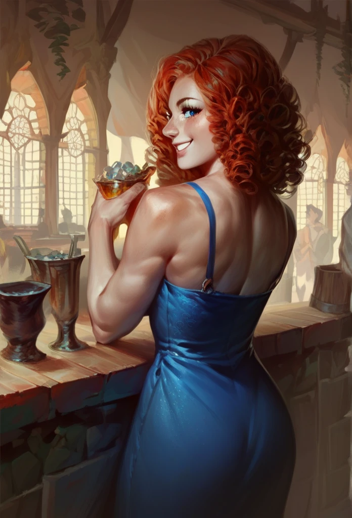 redhead woman.  curly hair. thin.  wearing blue dress.  blue eyes. smiling. bar.  with her back looking back 