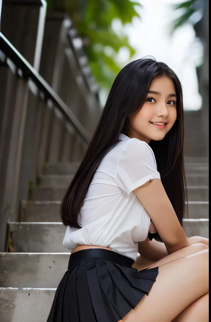 ((masterpiece)),(detailed),(perfect face),(thin),((sexy long legs)),((beautiful legs)),(slim),((boob flash)),(( slip)),(horny smile),((very sexy emotional face)),((very long straight hair)),(looking at viewer),(black hair),((trained body)),((smiling)),(top-quality),(Photo realsitic:1.4),Raw photo,(( -oldrl)),(((black straight hair)),(((Take different poses))),glowy skin,(Happiness:1.2),(she wearing Thai university uniform black pleated mini skirt:1.5),((portrait)),(close up shot), ((Thai university uniform black pleated mini skirt:1.5)), ((White Thai university-uniform shirt:1.5)), ((in front of Thai university stairs:1.5)), Thai script in background, ((brown belt)), ((detailed cute face:1.5)), ((14-yo ai sit girl:1.5)), ((long beautiful legs:1.5)), nsfw, beautiful thigh, ((back angle:1.2)), ((low angle:1.2)). ((White panty is expose:1.2))