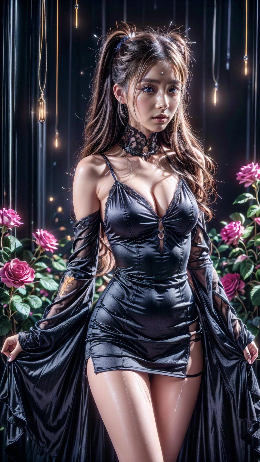 (realistic:1.3), finely detailed, quality, rembrandt lighting, (masterpiece:1.2), (photorealistic:1.2), (best quality), (detailed skin:1.3), (intricate details), dramatic, ray tracing, 1girl, japanese girl, 21 years old, detailed skin texture, (blush:0.5), (goosebumps:0.5), subsurface scattering, smiling, medium breasts, very long hair curls, bangs, hair between eyes, choker, black nightgown, short dress, frills, miniskirt, black thighhighs, cowboy shot, (cute pose:1.1), lying on field of flowers, (wide open field of flowers), <lora:JanusHalloweenV1:1>