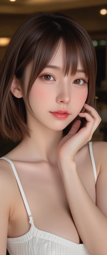 of,(((  look down、whole body入る構図,   portrait))) ,bangs, 女of子1人 ,same (   top quality , Masterpiece,     very detailed bust  , 超高解像度   realistic ,    RAW photos 、     absolute resolution   :1.5), (   realistic :1.4),    Be careful when reading    ,   Woman 1 , 30歳of女性,   comet  ,    realistic  lighting, Backlight,     face light   ,     ray tracing  , (thin：Weight 1.0), (     small breasts :1.3),   sharp details   , 超   realistic  said  観客を見つめている :1.3, ))), (((   camera  ))),((  full body   portrait :1.2))、 ((    short hair :1.5,   真っ直ぐな髪of毛 , bangs:1.3,   brown hair)),     very detailed bust  顔と肌of質感、(At night:1.2),Warm Light,  Dramatic light ,   映画ofような  ,    black hair, ((whole body、  look down:2.0)),   ピンクofキャミソール 、ピンクofスウェットパンツ、 、(スタジオof照明of下:1.3,  Head Touching Poses   :1.5)