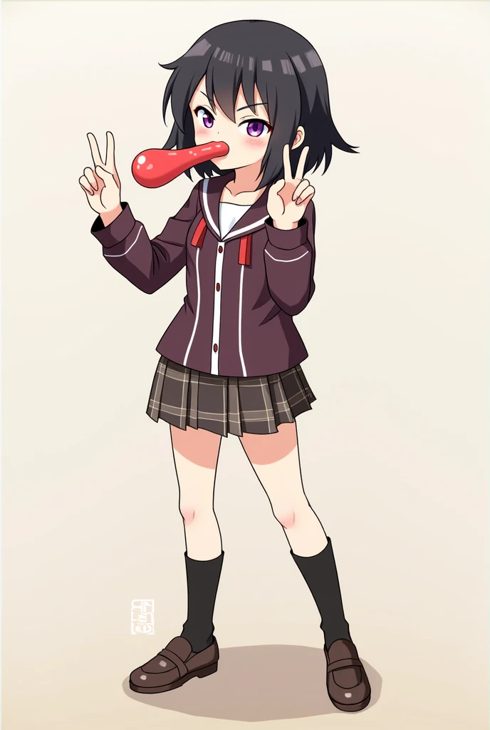 Holding a sausage with one hand, facing the sausage and preparing to eat it Japanese school girl primary school girl cartoon style