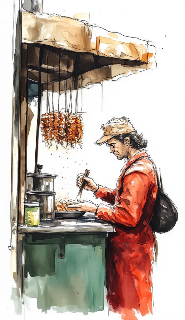 a photograph of a man in red apron and a white cap making satay in his food stall, roofed food stall, white background