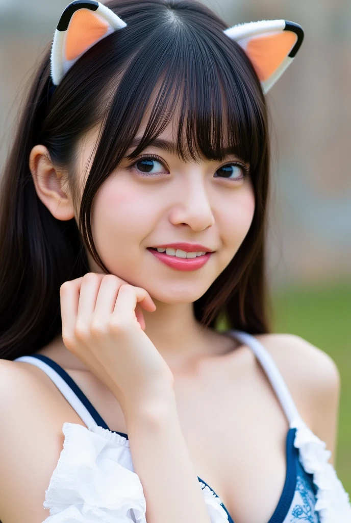  1 girl,  high definition,  top quality,  bikini、Cat ears、smile、 white skin、With bangs、 black hair、低めのツインテール、