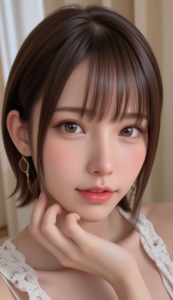 of,(((  look down、whole body入る構図,   portrait))) ,bangs, 女of子1人 ,same (   top quality , Masterpiece,     very detailed bust  , 超高解像度   realistic ,    RAW photos 、     absolute resolution   :1.5), (   realistic :1.4),    Be careful when reading    ,   Woman 1 , 30歳of女性,   comet  ,    realistic  lighting, Backlight,     face light   ,     ray tracing  , (thin：Weight 1.0), (     small breasts :1.3),   sharp details   , 超   realistic  said  観客を見つめている :1.3, ))), (((   camera  ))),((  full body   portrait :1.2))、 ((    short hair :1.5,   真っ直ぐな髪of毛 , bangs:1.3,   brown hair)),     very detailed bust  顔と肌of質感、(At night:1.2),Warm Light,  Dramatic light ,   映画ofような  ,    black hair, ((whole body、  look down:2.0)),   ピンクofキャミソール 、ピンクofスウェットパンツ、 、(スタジオof照明of下:1.3,  Head Touching Poses   :1.5)