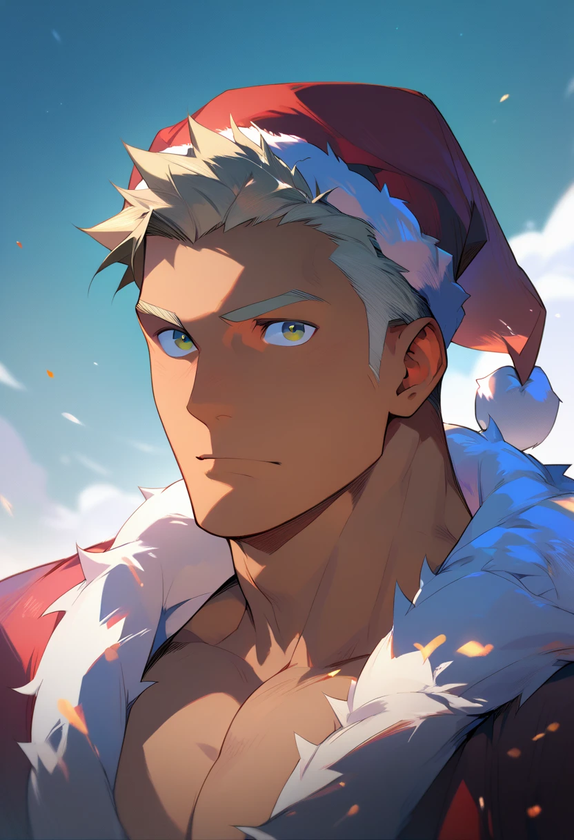 Masterpiece,high quality,nsfw,detailed face,monk,(dark tan skin),forehead,Broad shoulders、muscle, Santa Claus,hat,cleavage