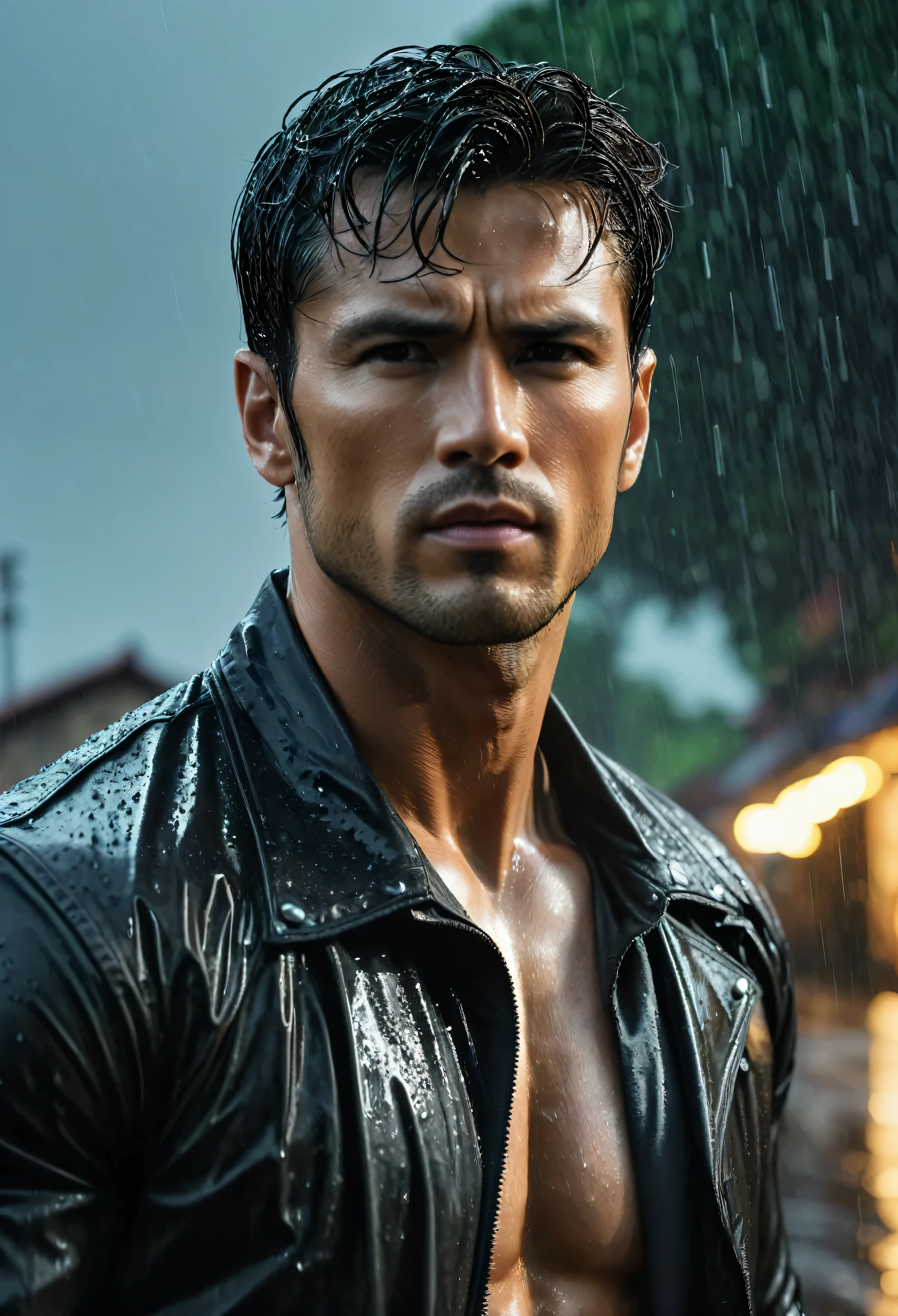 acting(((martial arts superstar)),black pants, realist:1.3,( fotorrealist, 8K, original photo, high quality, masterpiece, epic lights. close up, center image), (prospect),((1 Handsome guy with confident and well-proportioned muscles, post apocalyptic, Guerrero, Rostro y cuerpo perfectamente detallados, (prospect), rain scene, Poor lighting due to rain,(( My face and body were soaked by the rain:1.5)),lightning lighting, dynamic poses, beautiful fine hair, Leather jacket)), ((imaginative scenes)),((perfect, meticulously.:1.3)), ((panoramic: 1.4)), ((best quality )), ((masterpiece)), 3d, (Super detailed: 1.3), ((epic scenery: 1.3)), ((night background: 1.3 ))), (((night:1.2))), ( lifelike: 1.4), ((Front camera)),( (Low-light night cinematic lighting: 1.2)). 32
