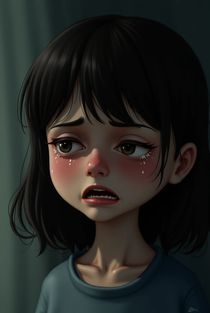 Short dark haired girl crying and wearing a dunce cap. Realistic. She is topless.