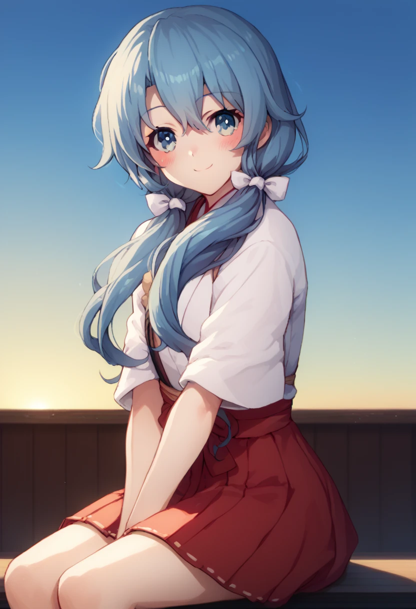 score_9, score_8, score_7, source_anime, 1girl,solo,yoshino,long hair, solo, 1girl, solo, twintails, ribbon, hair ribbon, looking at viewer, blush, white ribbon, japanese clothes,sitting, sky, red skirt, looking at viewer, smile